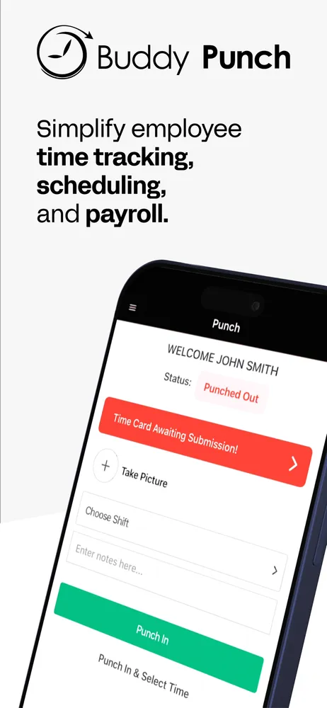 The punch screen — a photo at clock-in is what makes handing your login to a coworker pointless