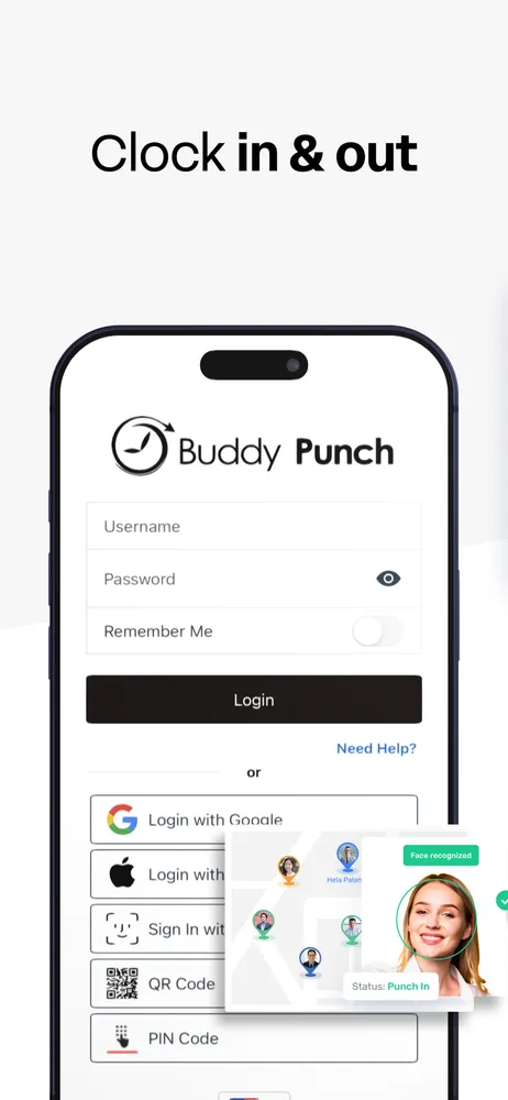 Sign-in options include per-employee PINs and QR codes, built for shared-device kiosks