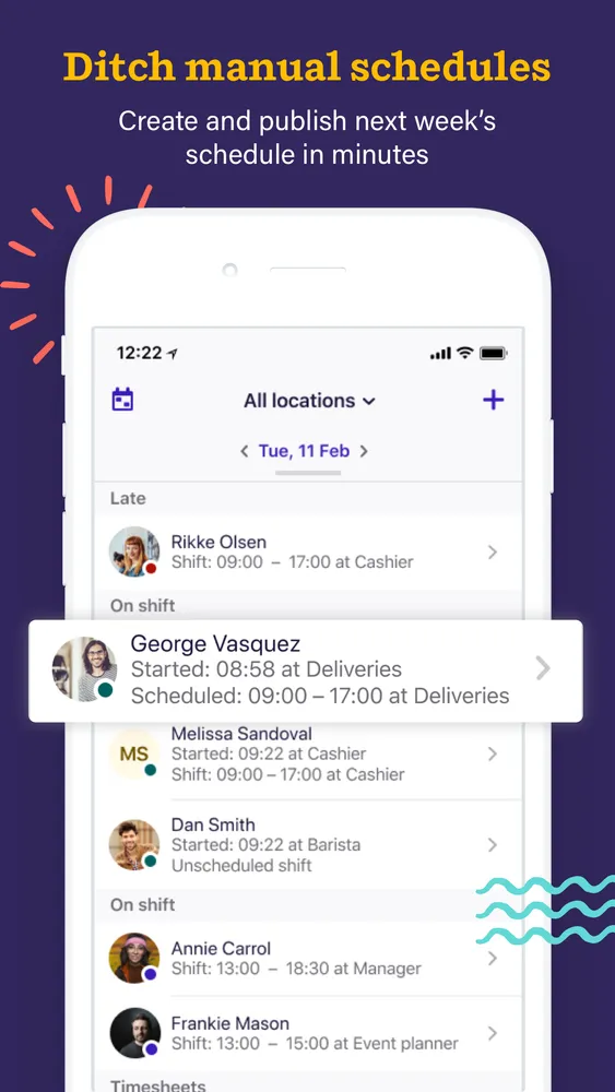 The live staff list shows actual clock-ins against scheduled times — late starts and unscheduled shifts stand out
