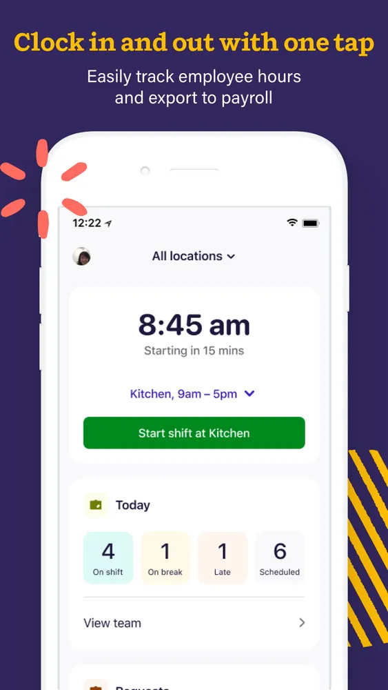 One-tap clock-in, with the day's on-shift, on-break, and late counts right underneath