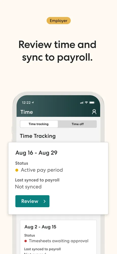 Time tracking by pay period — timesheets sit in 'awaiting approval' until someone signs off, then sync to payroll