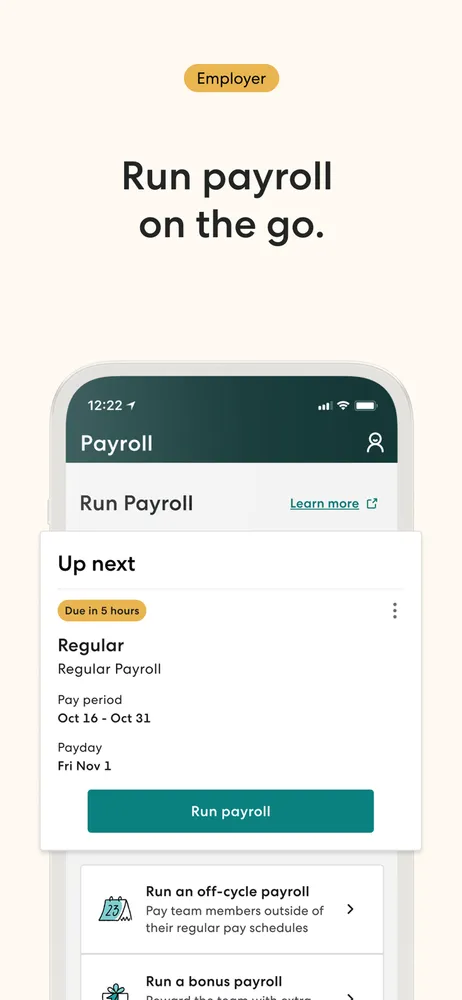 Run Payroll — regular, off-cycle, and bonus runs are separate flows, so one-off payments stay visible