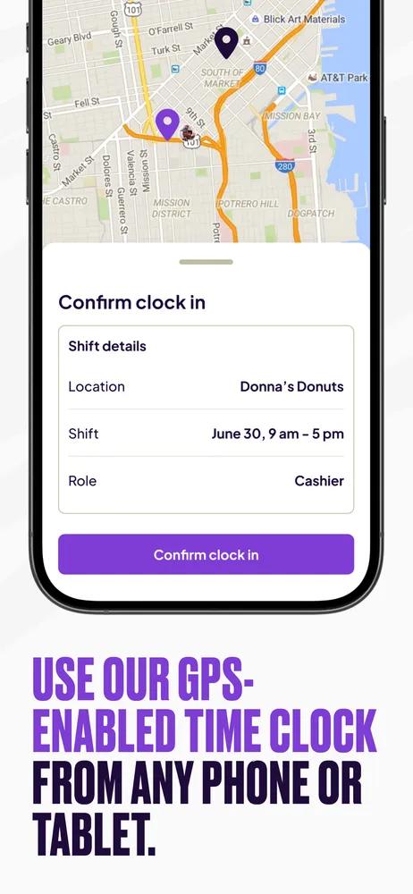 GPS-enabled clock-in — the punch confirms location, shift, and role before it lands on the timesheet