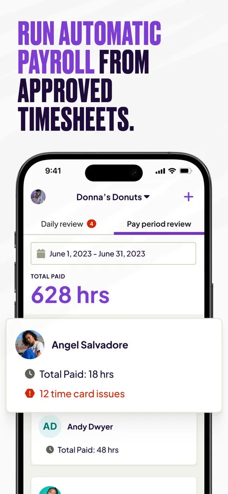 Pay-period review flags each employee's time card issues before payroll runs — this one has twelve to clear