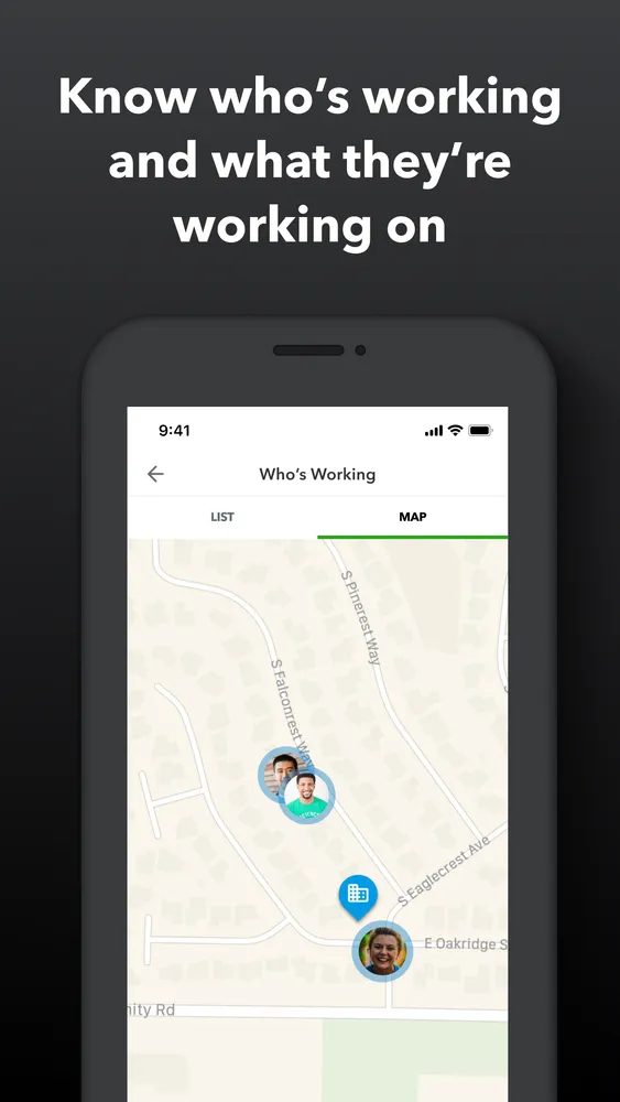 The Who's Working map — every clocked-in employee is a pin, so an off-site punch is visible at a glance