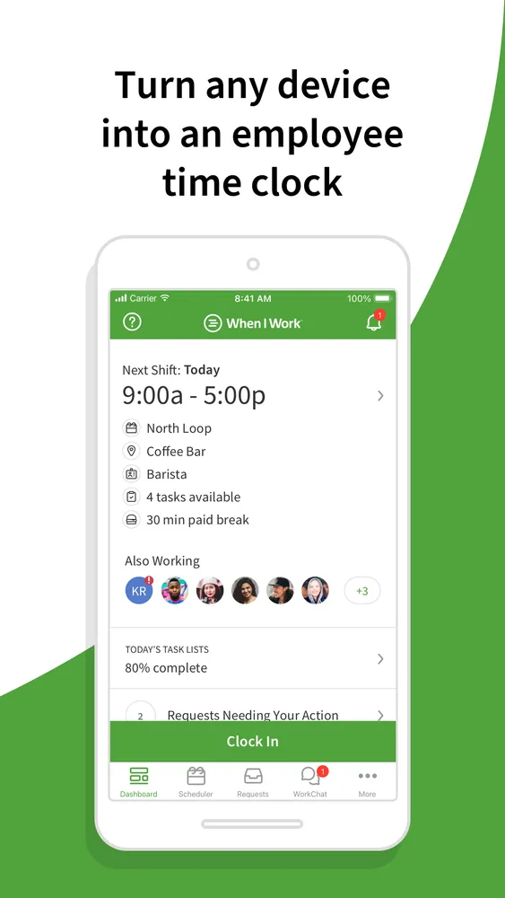 The employee time clock — today's shift and job-site list on one screen, clock-in at the bottom